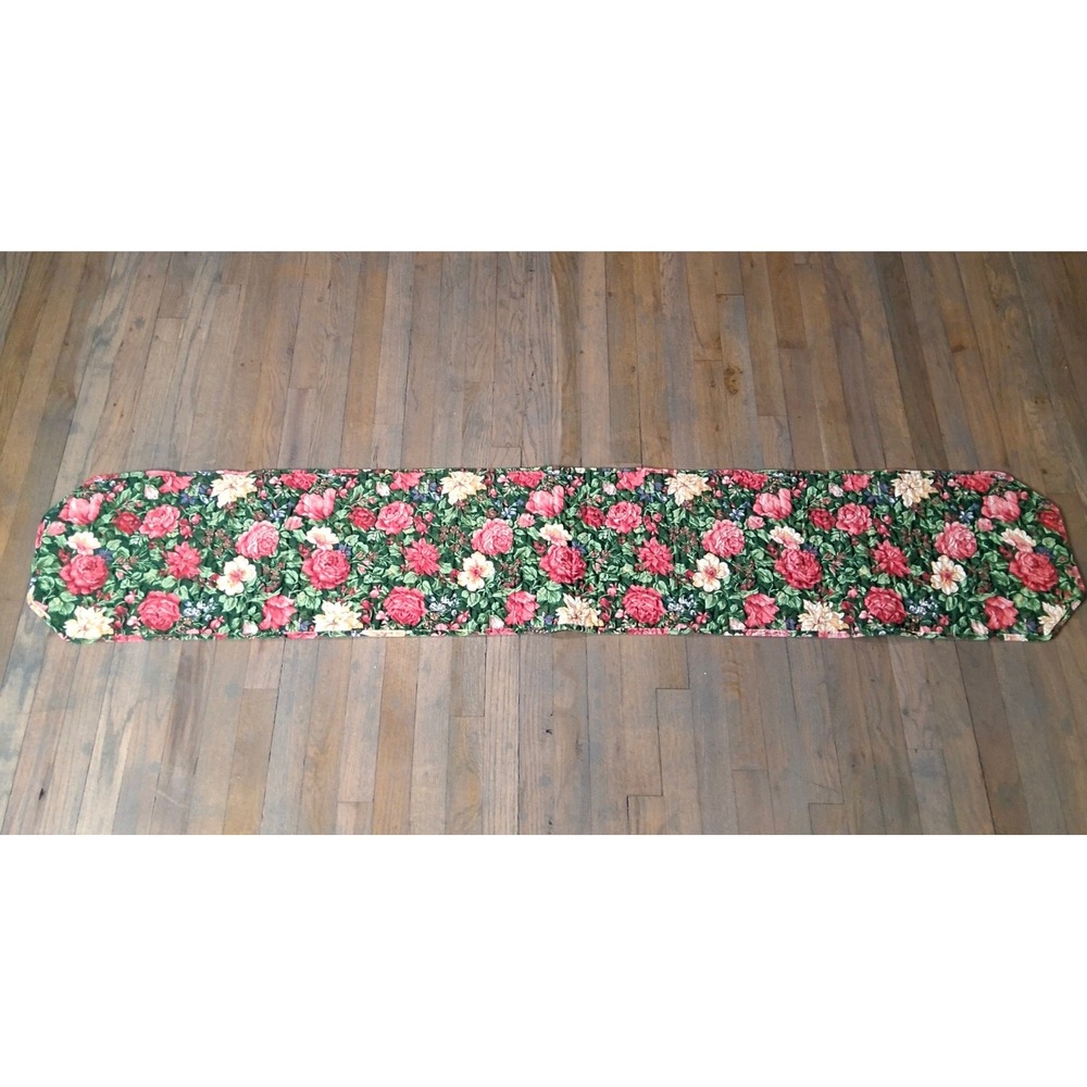 Quilted Fabric Table Runner Floral Pink Red Green Vintage 66" Long Poinsettias
